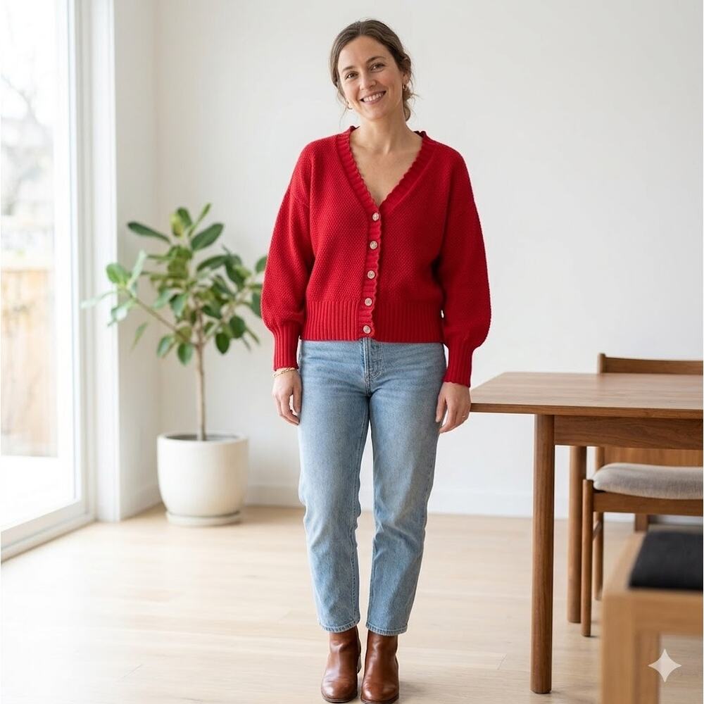 Red Textured Knit Cardigan Sweater XL Scalloped Trim Cottagecore Cozy